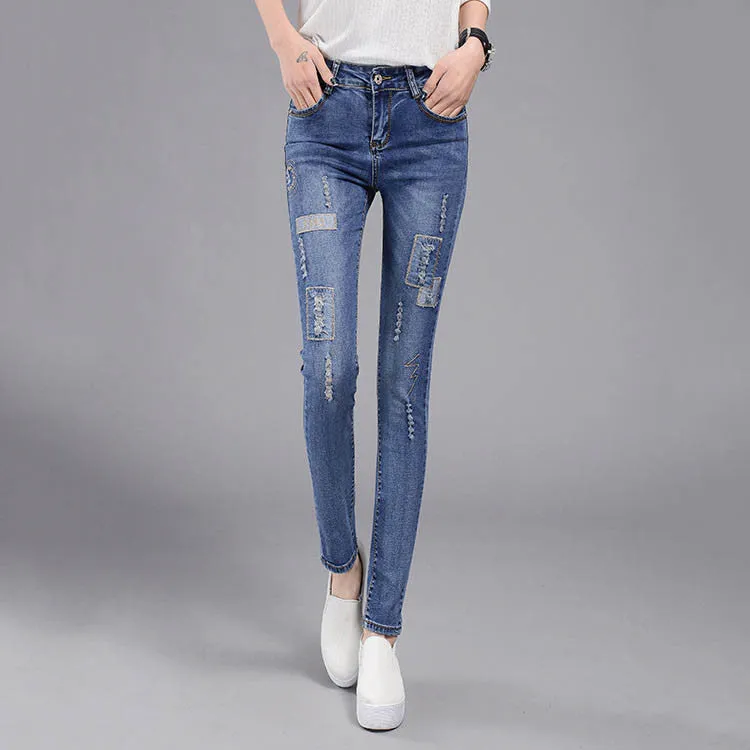 High Waist Jeans woman Female Distressed Slim Patchwork Denim Pants Pencil Ripped vintage Skinny Jeans For Women