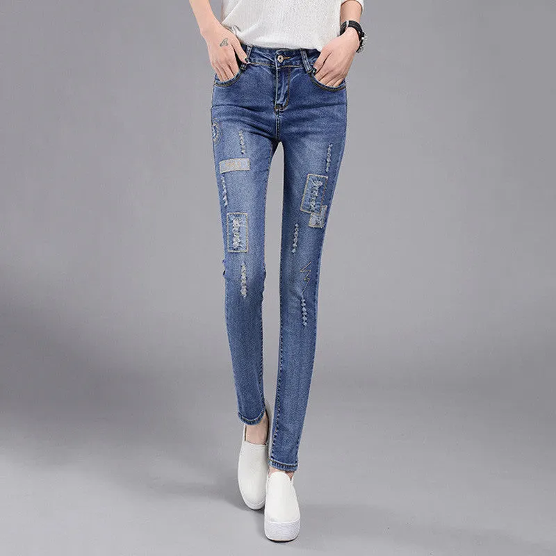 High Waist Jeans woman Female Distressed Slim Patchwork Denim Pants Pencil Ripped vintage Skinny Jeans For Women