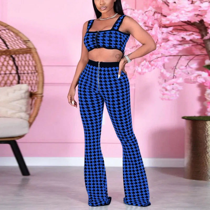 Houndstooth Zipper Design Sling Sleeveless Top & Flared Pants Set