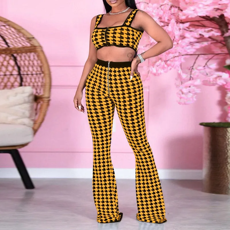 Houndstooth Zipper Design Sling Sleeveless Top & Flared Pants Set