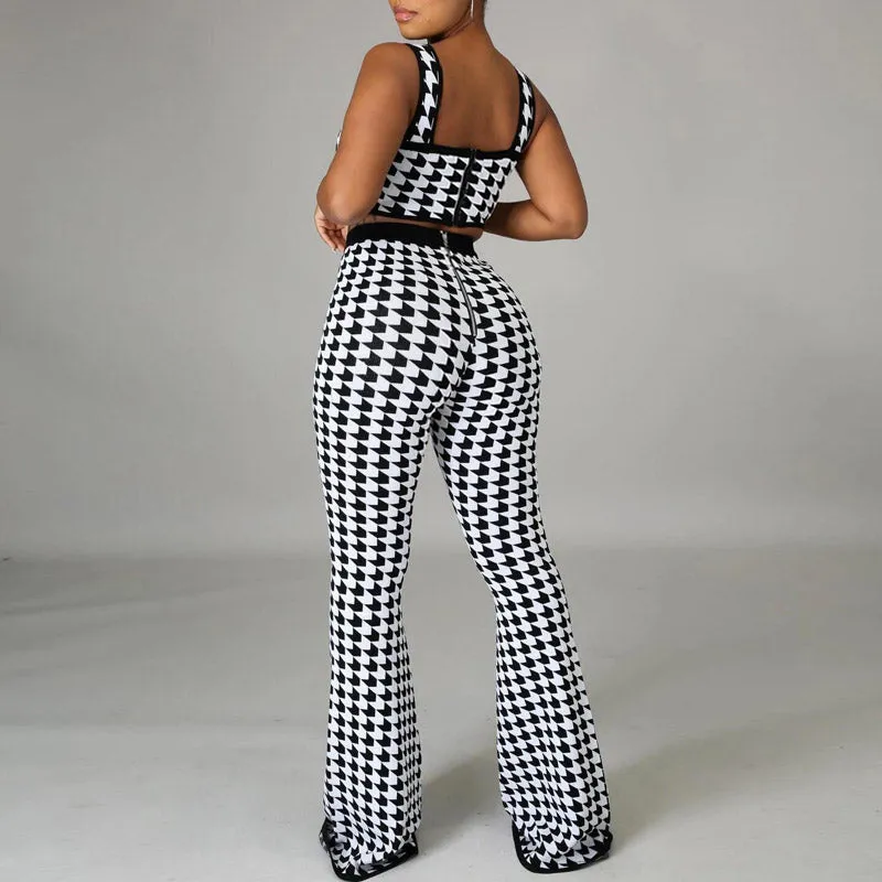 Houndstooth Zipper Design Sling Sleeveless Top & Flared Pants Set