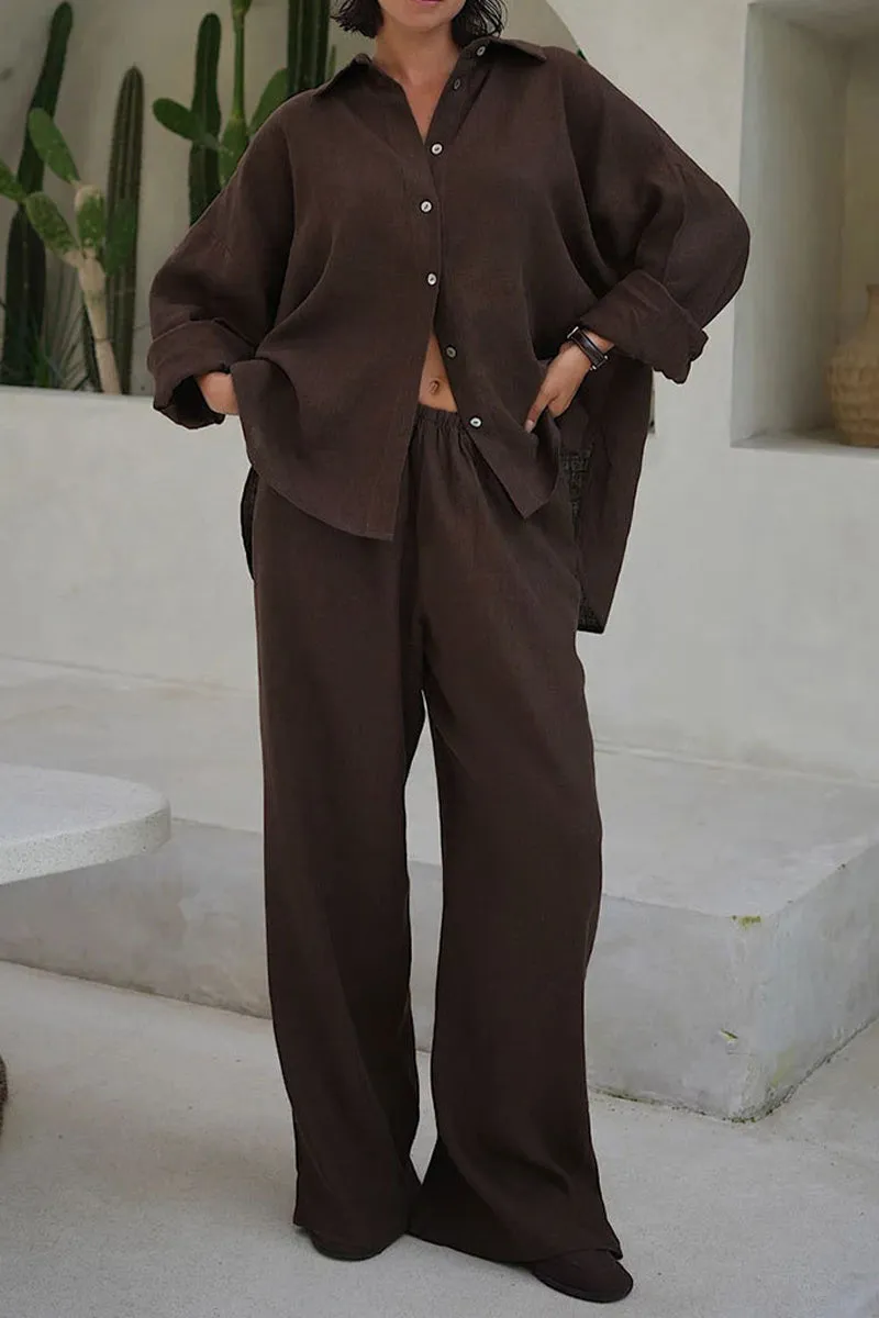 HUQ1367 Casual Linen Long Sleeve Pants Set