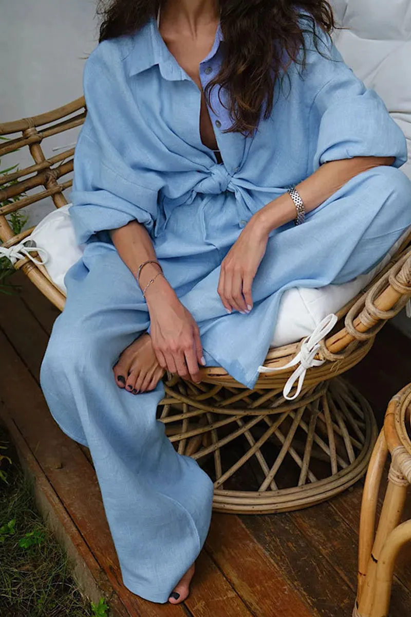 HUQ1367 Casual Linen Long Sleeve Pants Set