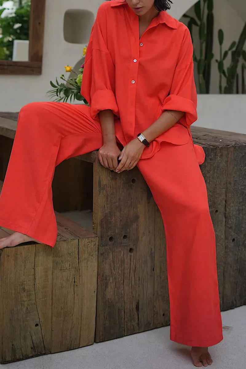 HUQ1367 Casual Linen Long Sleeve Pants Set