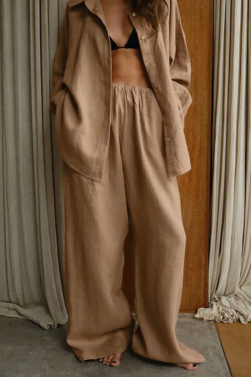 HUQ1367 Casual Linen Long Sleeve Pants Set