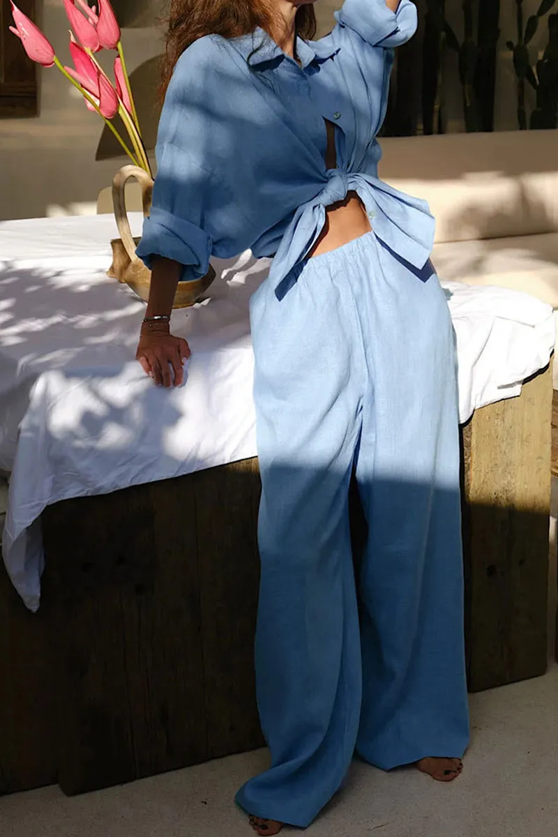HUQ1367 Casual Linen Long Sleeve Pants Set