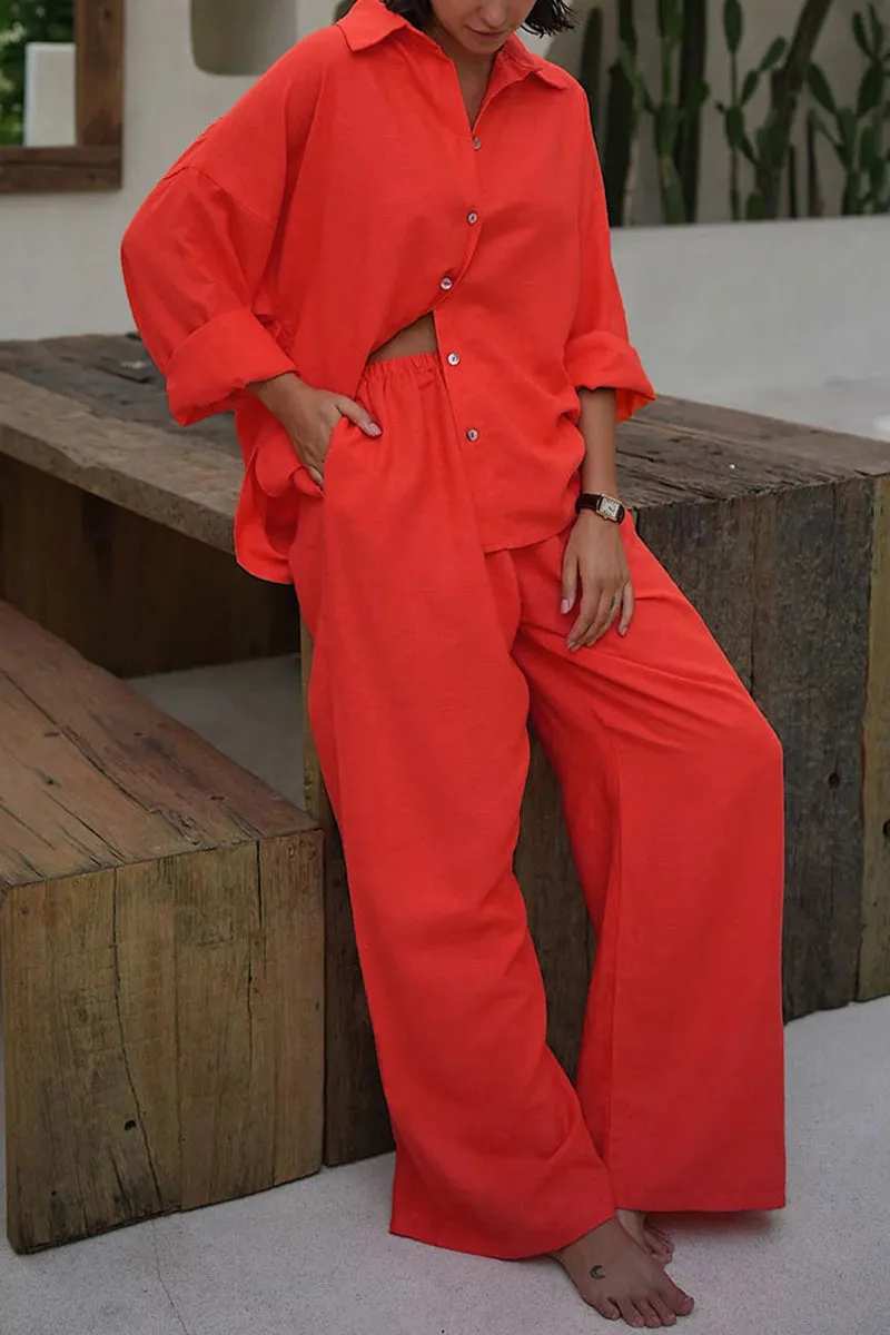HUQ1367 Casual Linen Long Sleeve Pants Set