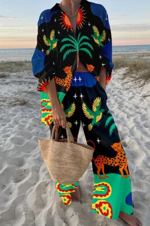 HUR1011 Printed casual pans & shorts set