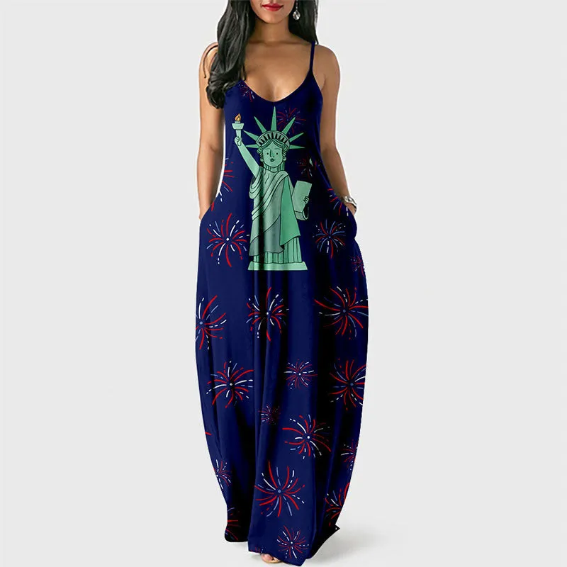 Independence Day Letter Print Sleeveless Loose Maxi Dress