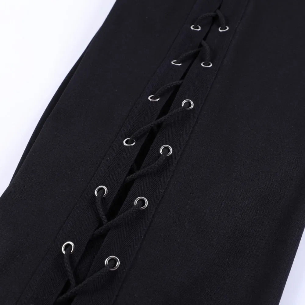 Knitted Slit Hollow Solid Tie Sweatpants