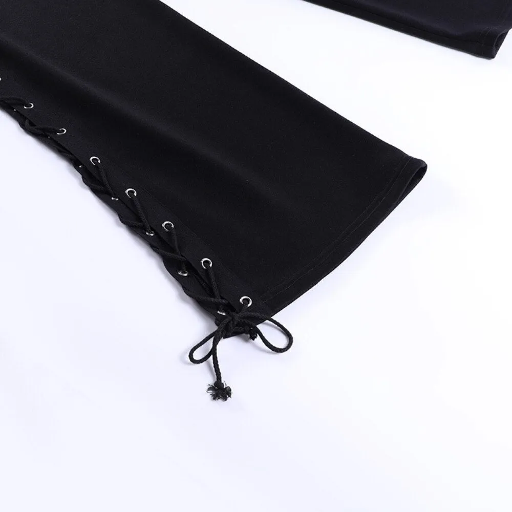 Knitted Slit Hollow Solid Tie Sweatpants