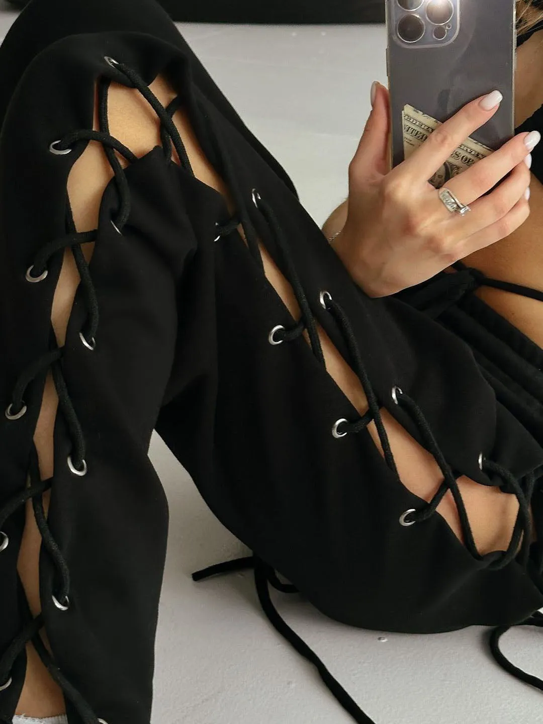 Knitted Slit Hollow Solid Tie Sweatpants