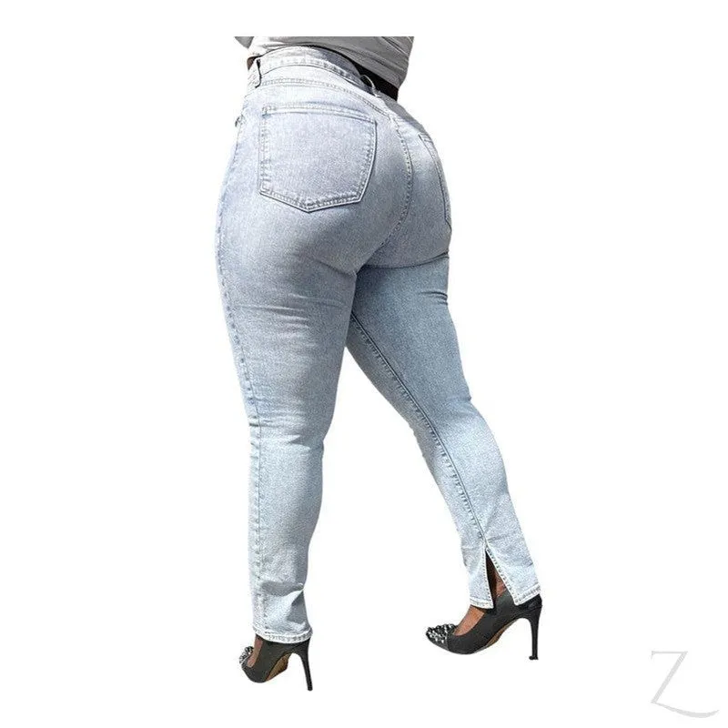 Ladies High Rise Super Strong Stretchy Vintage Slim Denim Jeans | Slit Hem | "Bobo"