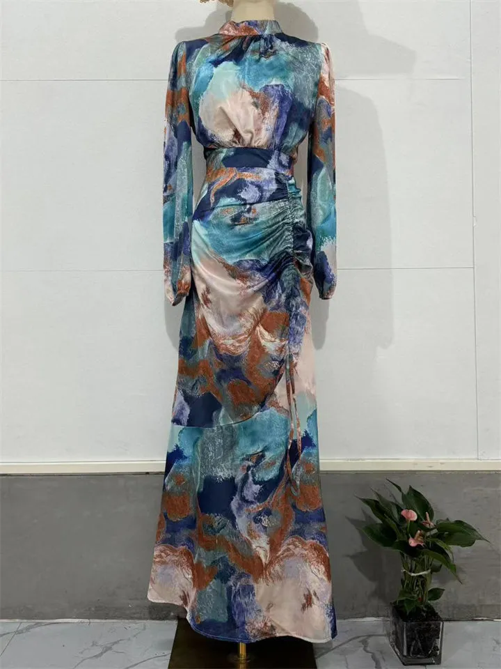 Lady Pleated Waisted Lantern Sleeve Printed Dress