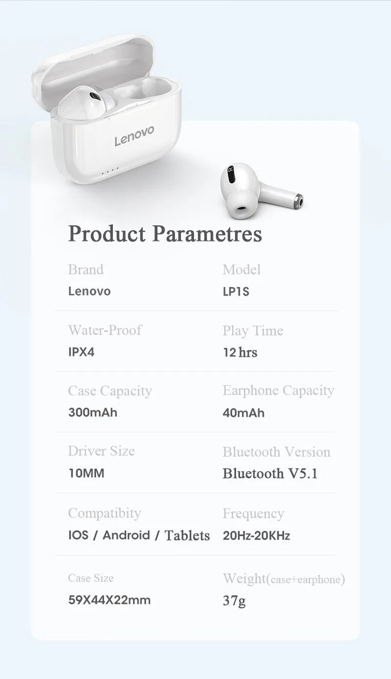 Lenovo Lp1s Bluetooth Sports Hifi Stereo Earbuds With Mic - White