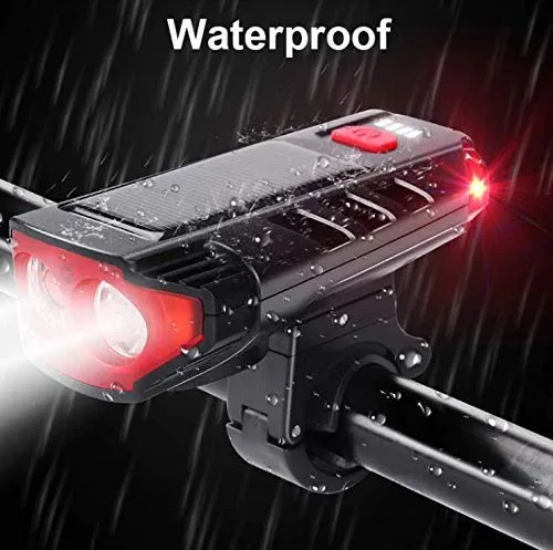 Lista Bicycle Horn 2 Eyes Front Light Solar with USB Charging Battery Bike Light with Two Back Lights, Plastic, Black