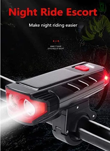 Lista Bicycle Horn 2 Eyes Front Light Solar with USB Charging Battery Bike Light with Two Back Lights, Plastic, Black