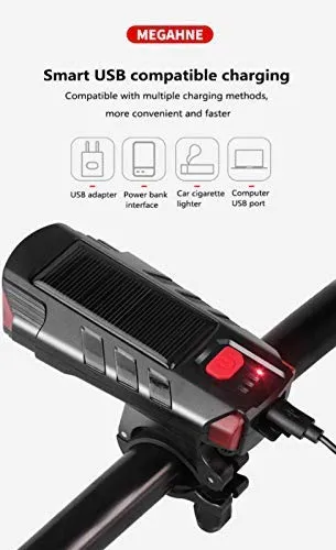 Lista Bicycle Horn 2 Eyes Front Light Solar with USB Charging Battery Bike Light with Two Back Lights, Plastic, Black