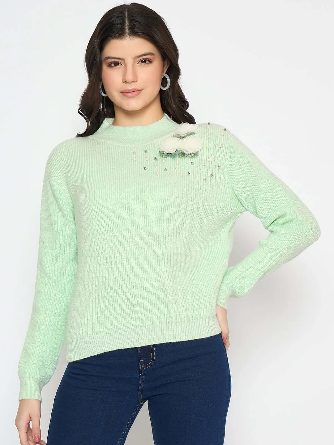 Madame Applique Mock Neck Mint Green Sweater