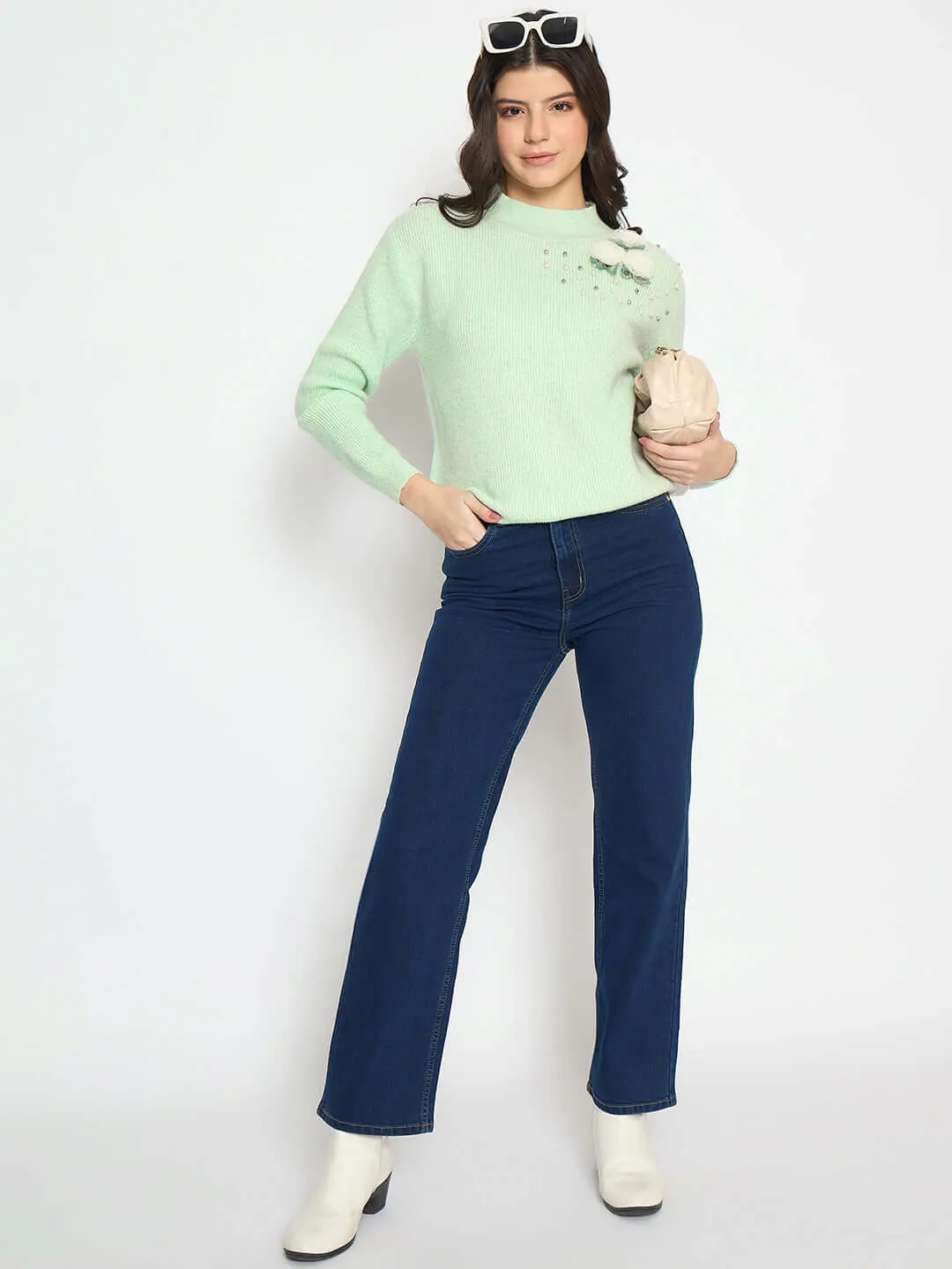 Madame Applique Mock Neck Mint Green Sweater