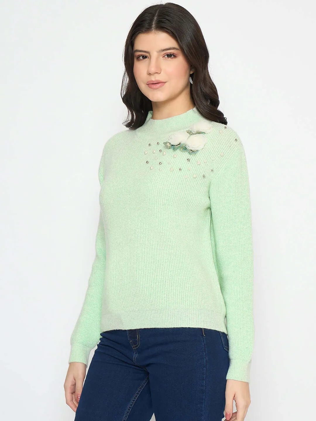 Madame Applique Mock Neck Mint Green Sweater
