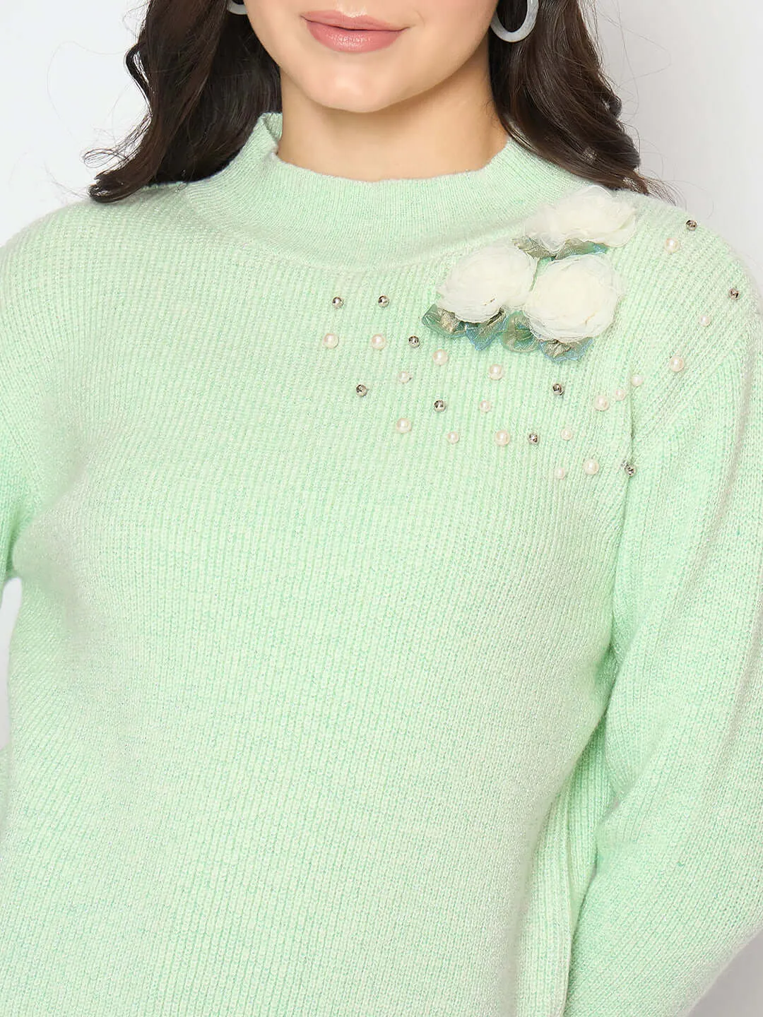 Madame Applique Mock Neck Mint Green Sweater