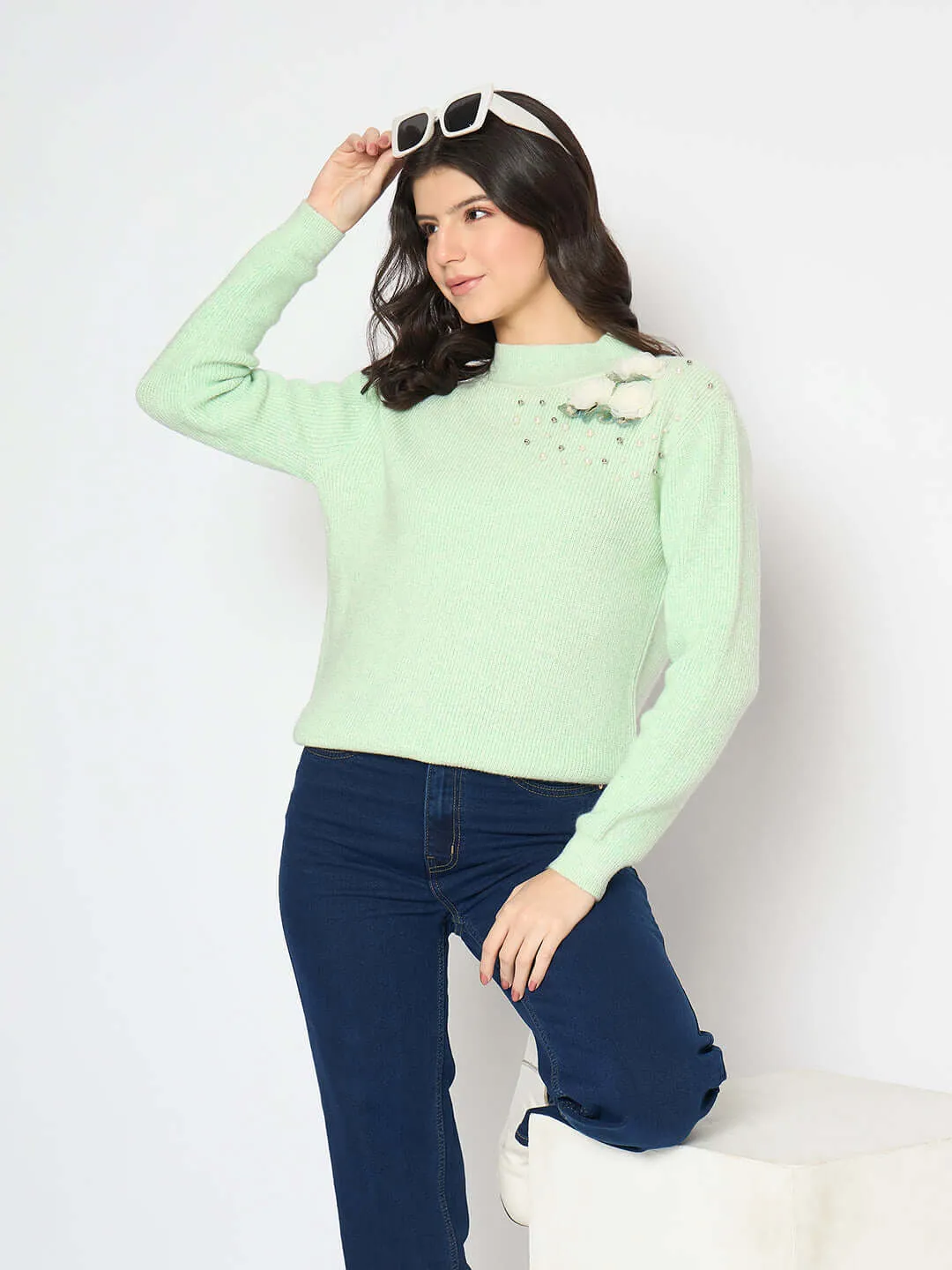 Madame Applique Mock Neck Mint Green Sweater