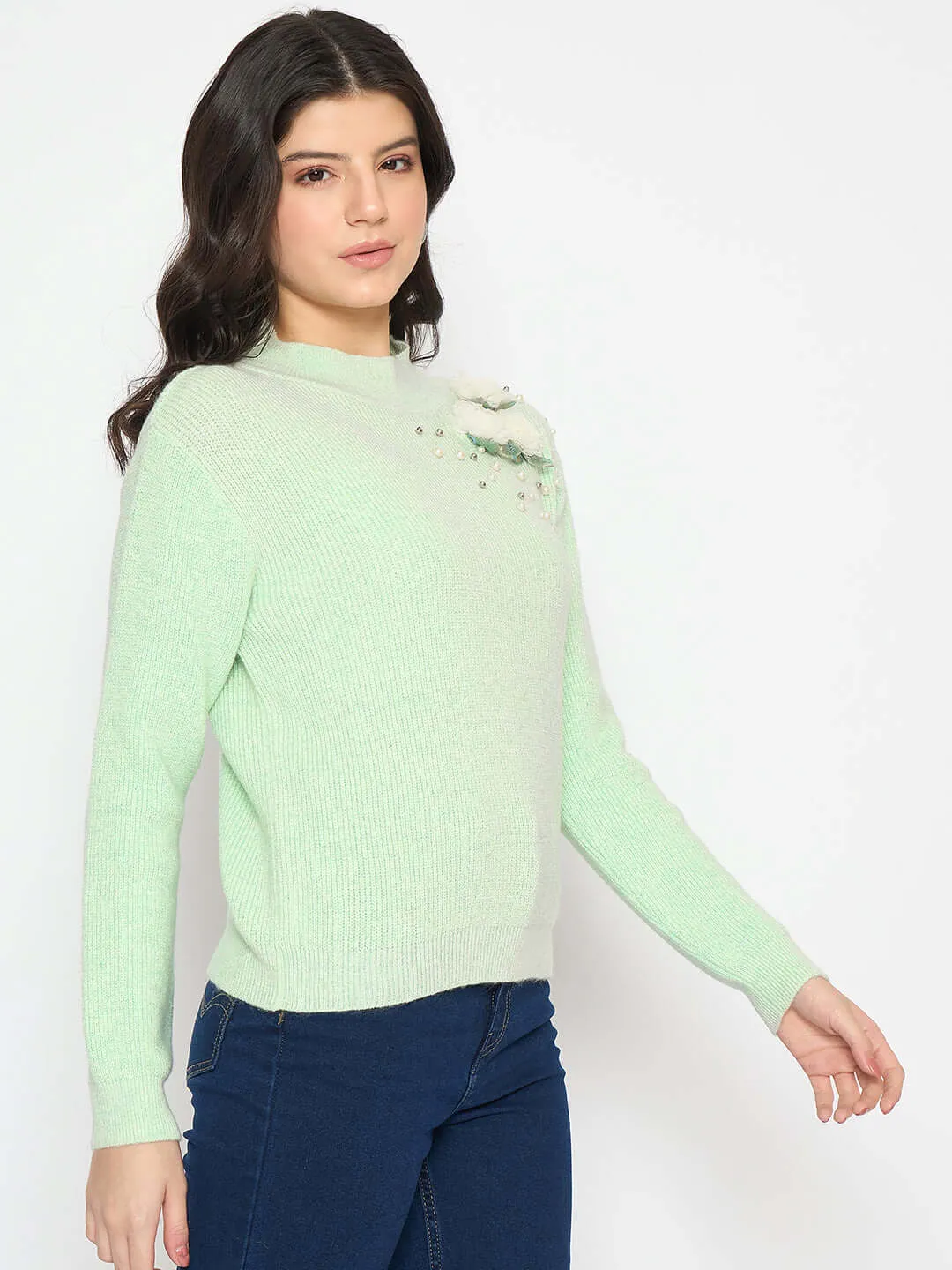 Madame Applique Mock Neck Mint Green Sweater