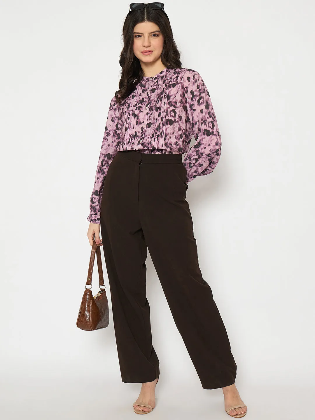 Madame Button Detailed Printed Mauve Chambray Top