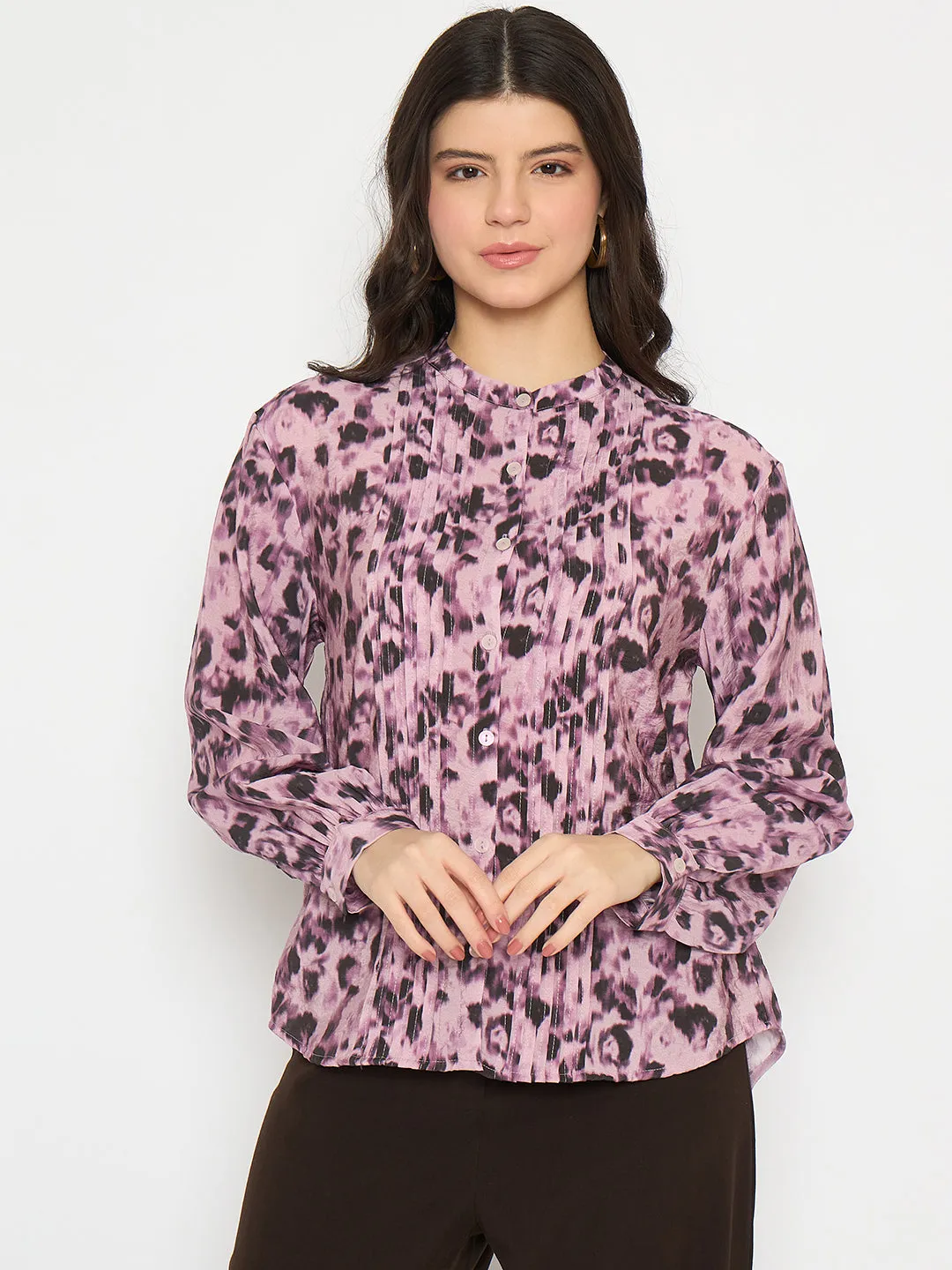 Madame Button Detailed Printed Mauve Chambray Top