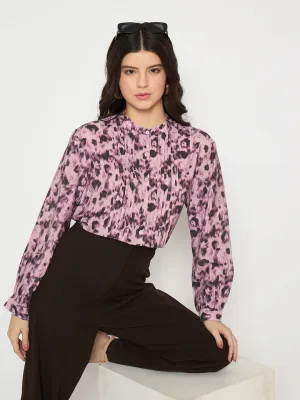 Madame Button Detailed Printed Mauve Chambray Top