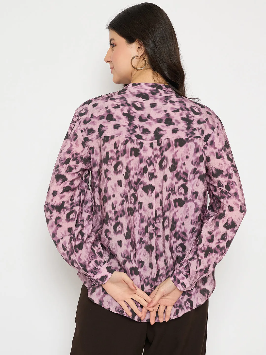 Madame Button Detailed Printed Mauve Chambray Top