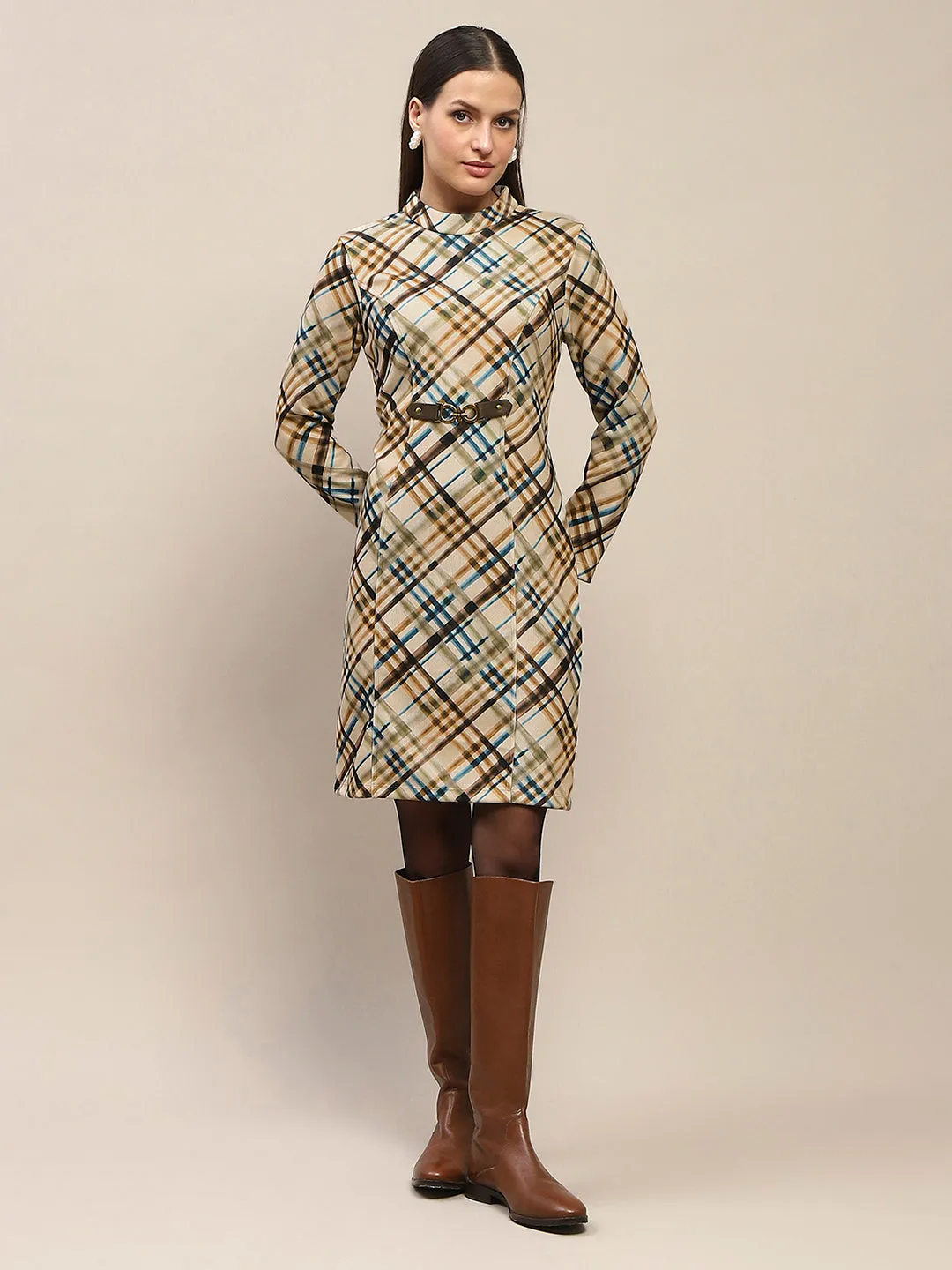 Madame Front Buckle Detailed Check Printed Beige Midi Dress