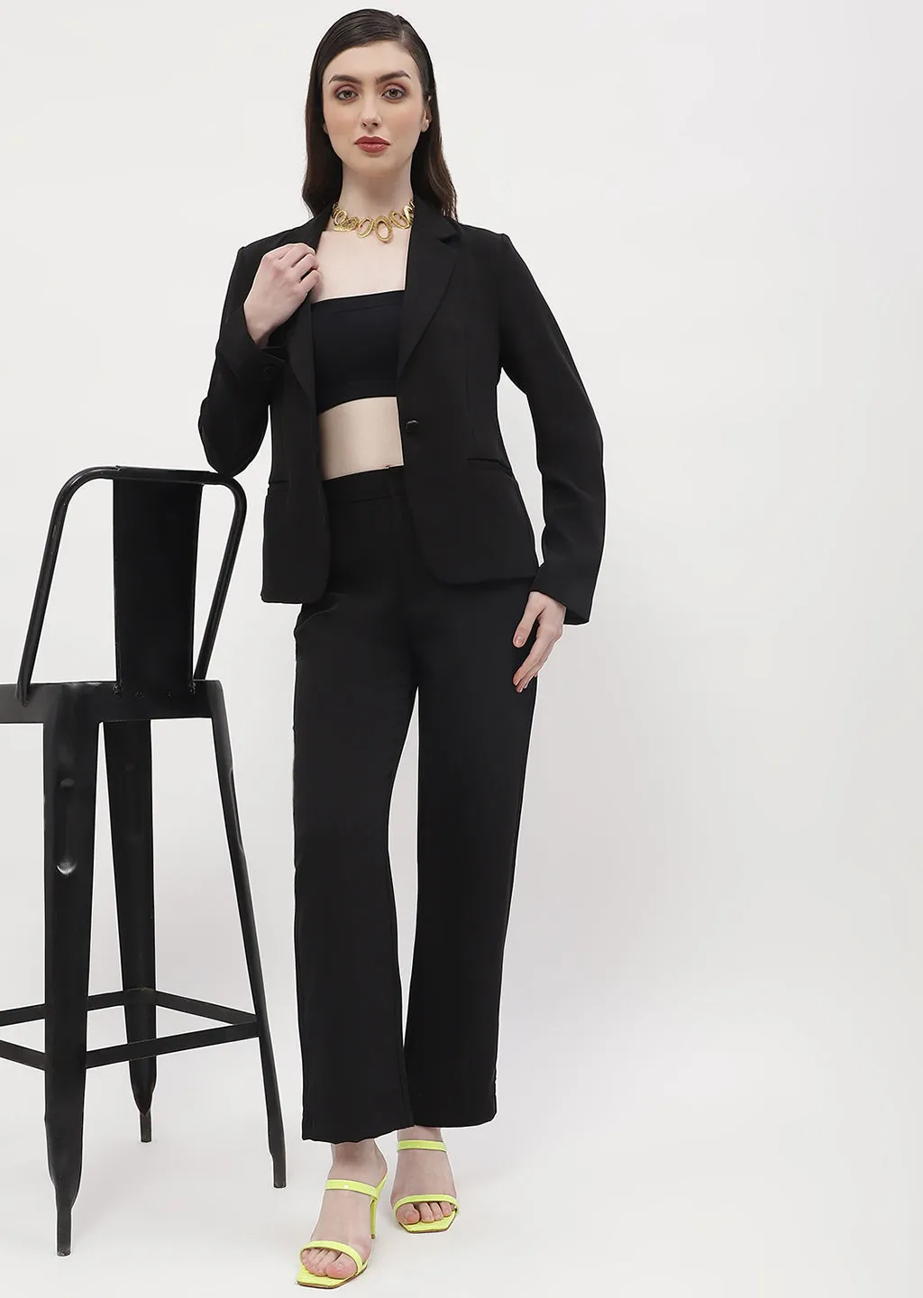 Madame Solid Black Straight Fit Trouser