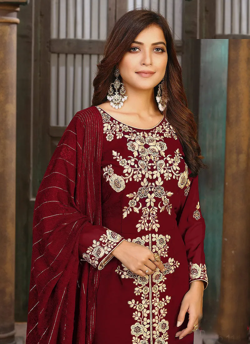 Maroon Embroidery Party Wear Pant Style Suit