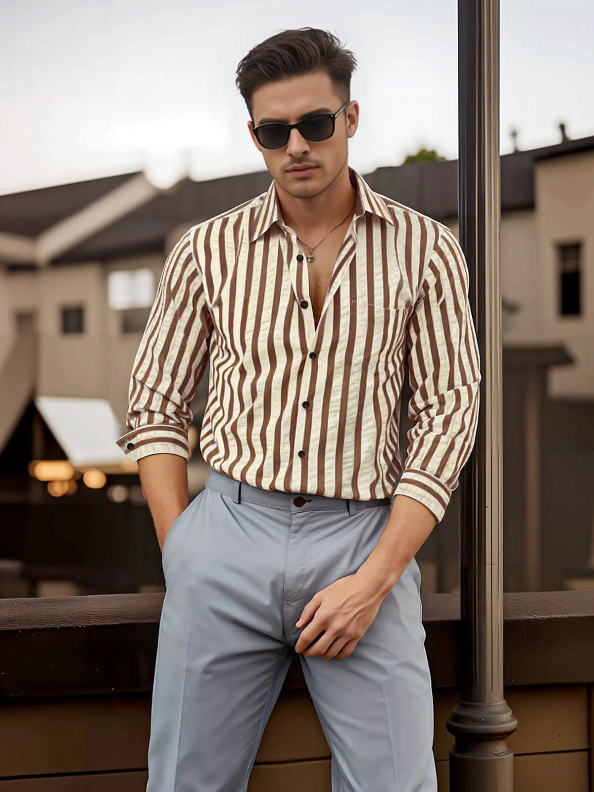 Men's Casual Striped Pocket Button Up Breathable Long Sleeve Shirt