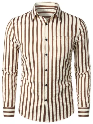 Men's Casual Striped Pocket Button Up Breathable Long Sleeve Shirt