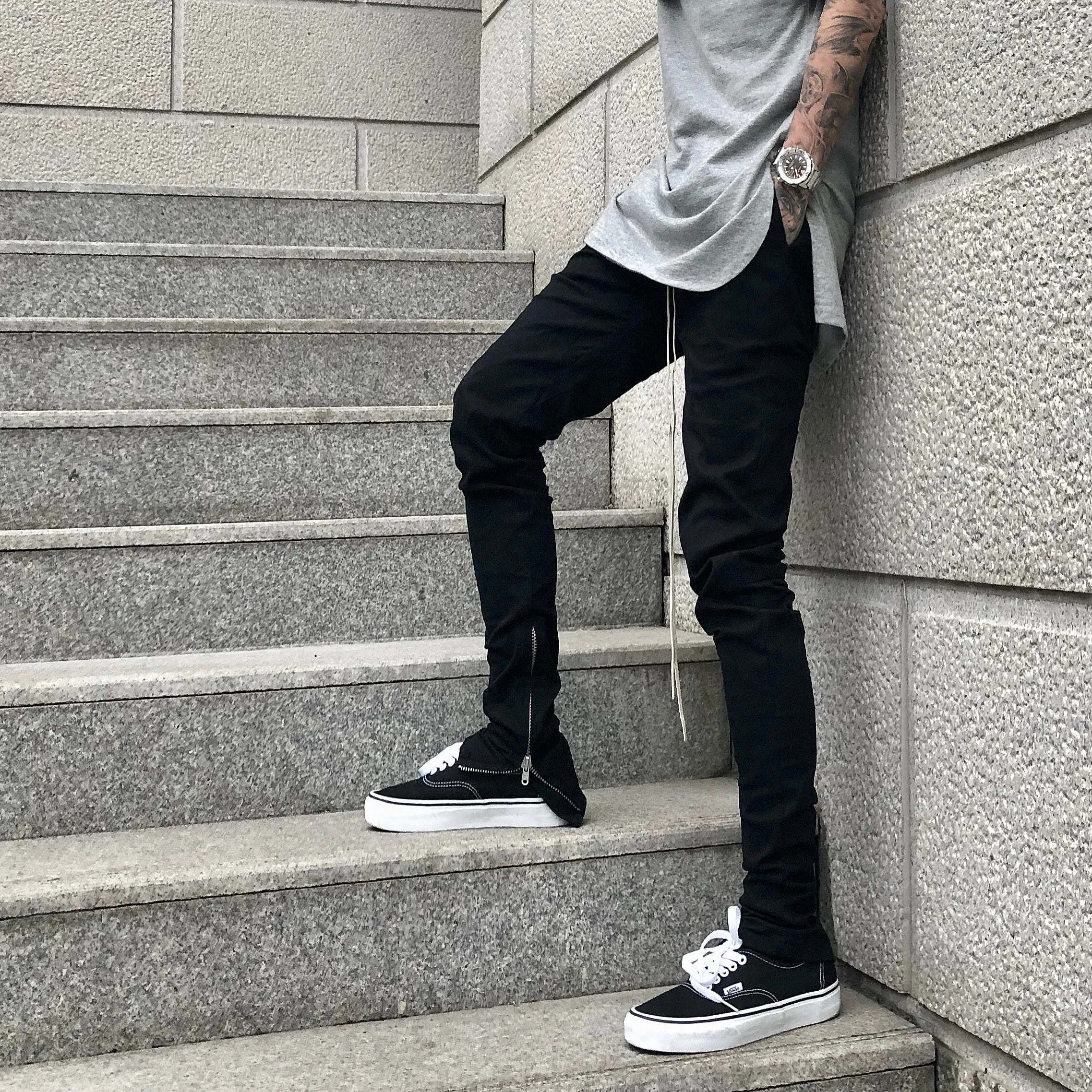 Men's Slim Drawstring Zipper Casual Pants