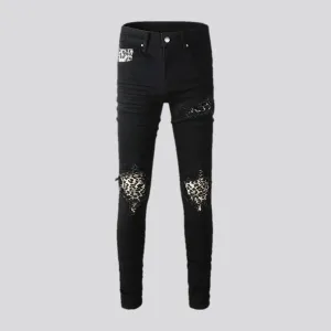 Mid rise biker style leopard moto men's jeans