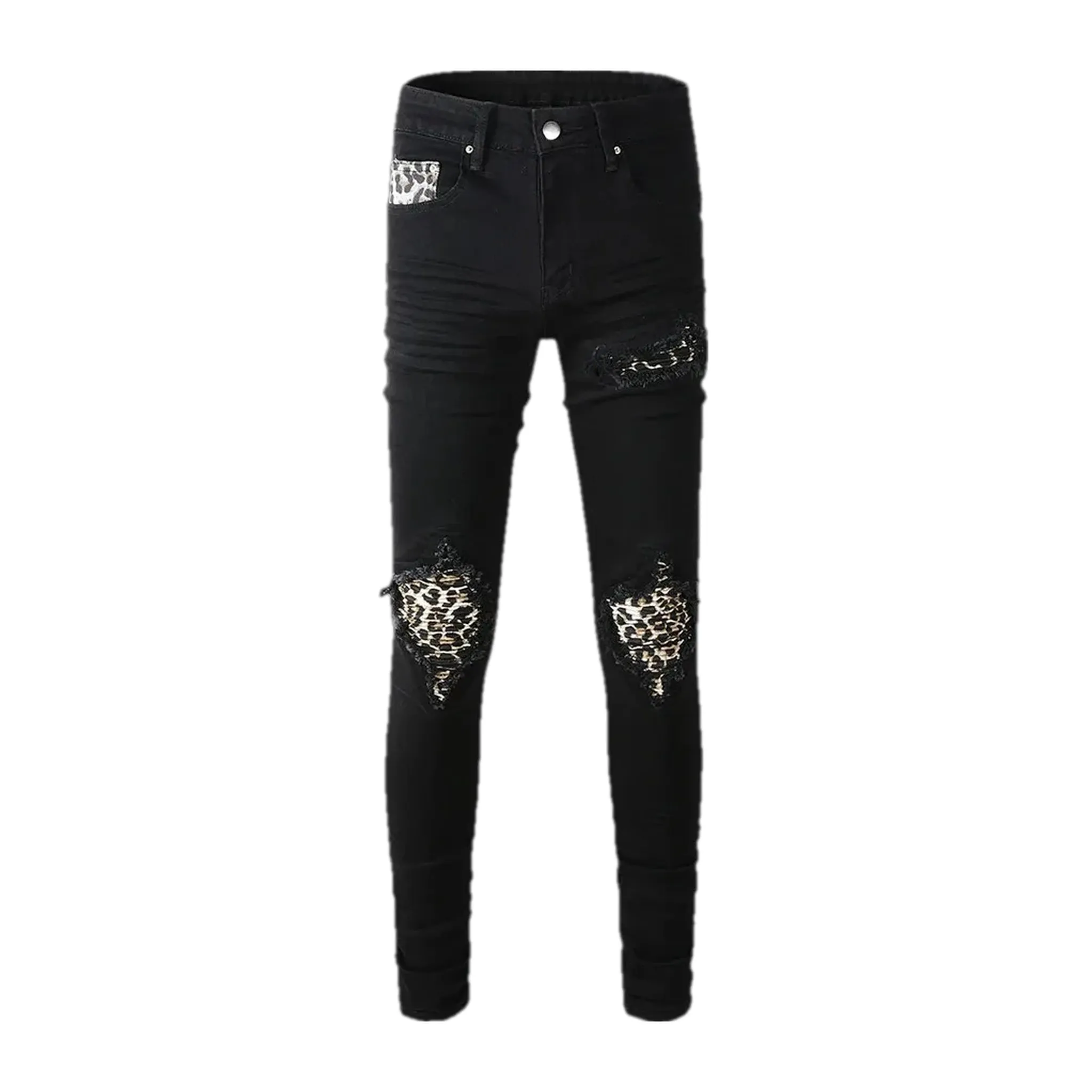 Mid rise biker style leopard moto men's jeans