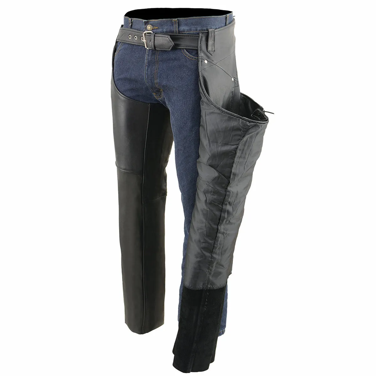 ML1173 Chaps for Women Black Naked Skin - Deep Hip Pockets and Back Thigh Laces Motorcycle Chap - ML1173