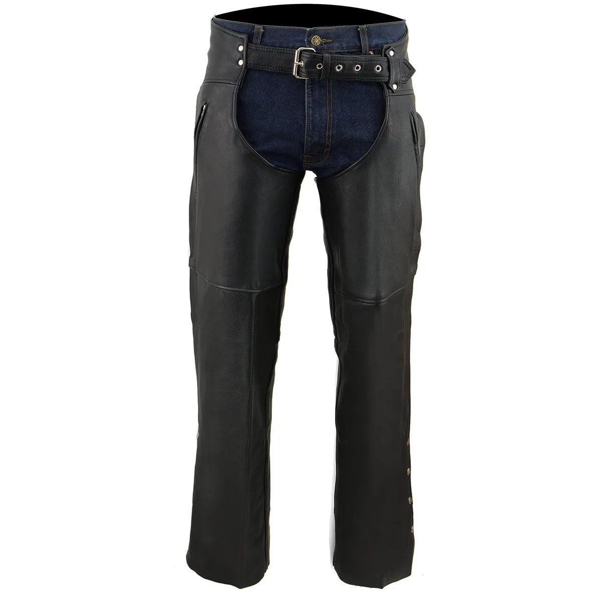 ML1190N  Chaps for Men's Black Naked Leather - Thigh Pocket with Zipper Mesh Lined Motorcycle Chap- ML1190