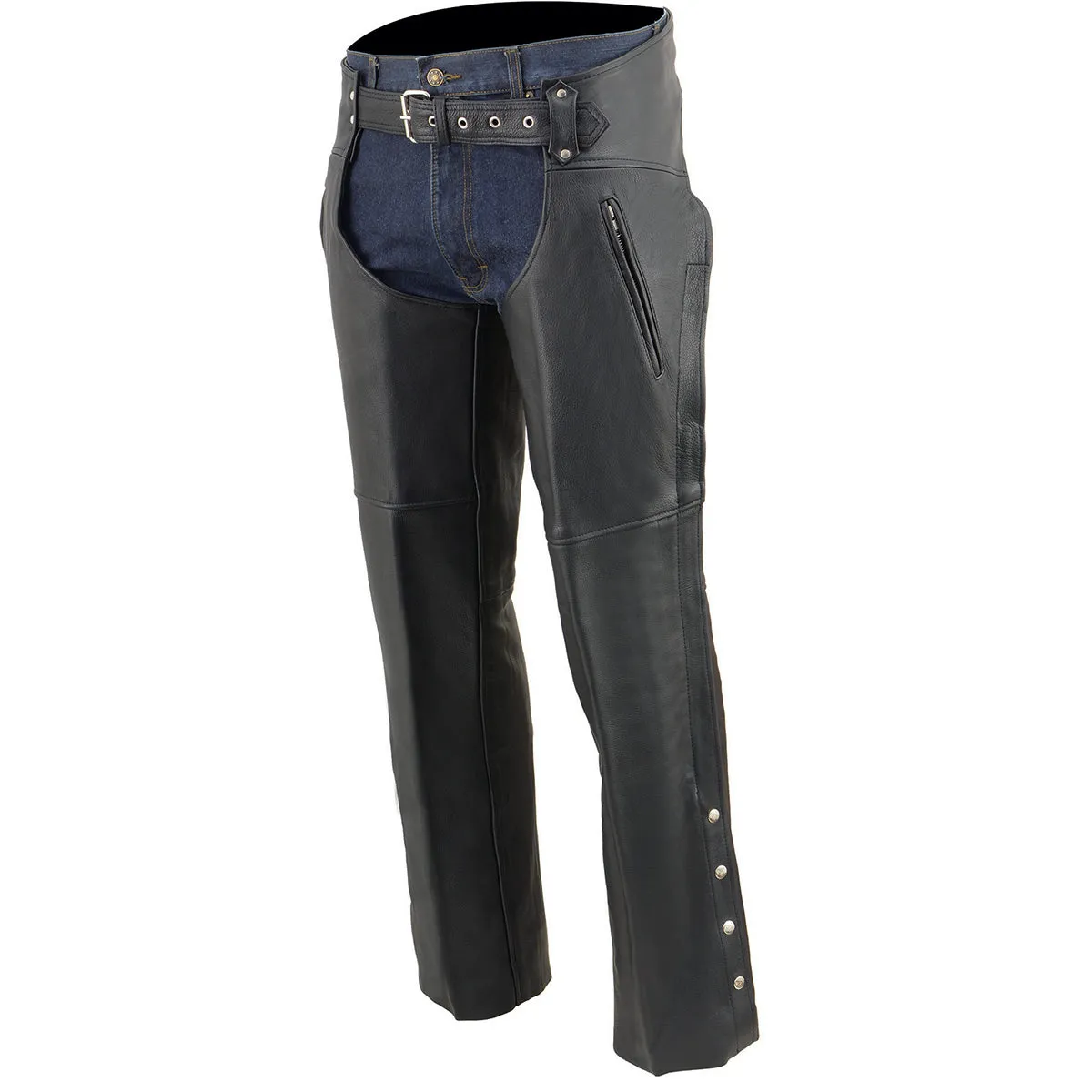 ML1190N  Chaps for Men's Black Naked Leather - Thigh Pocket with Zipper Mesh Lined Motorcycle Chap- ML1190