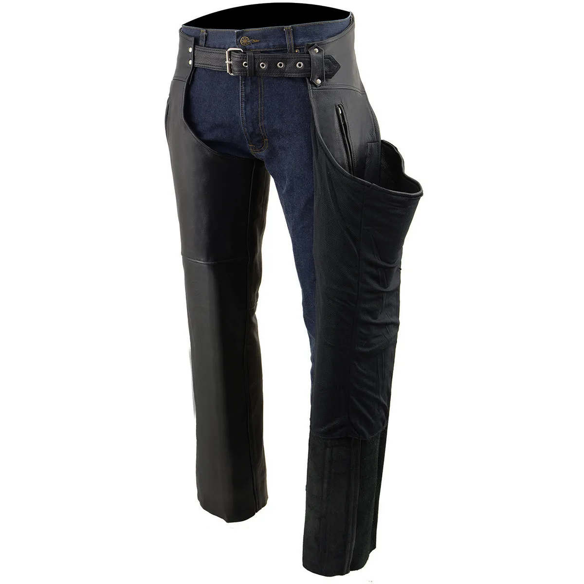 ML1190N  Chaps for Men's Black Naked Leather - Thigh Pocket with Zipper Mesh Lined Motorcycle Chap- ML1190