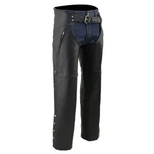 ML1190N  Chaps for Men's Black Naked Leather - Thigh Pocket with Zipper Mesh Lined Motorcycle Chap- ML1190