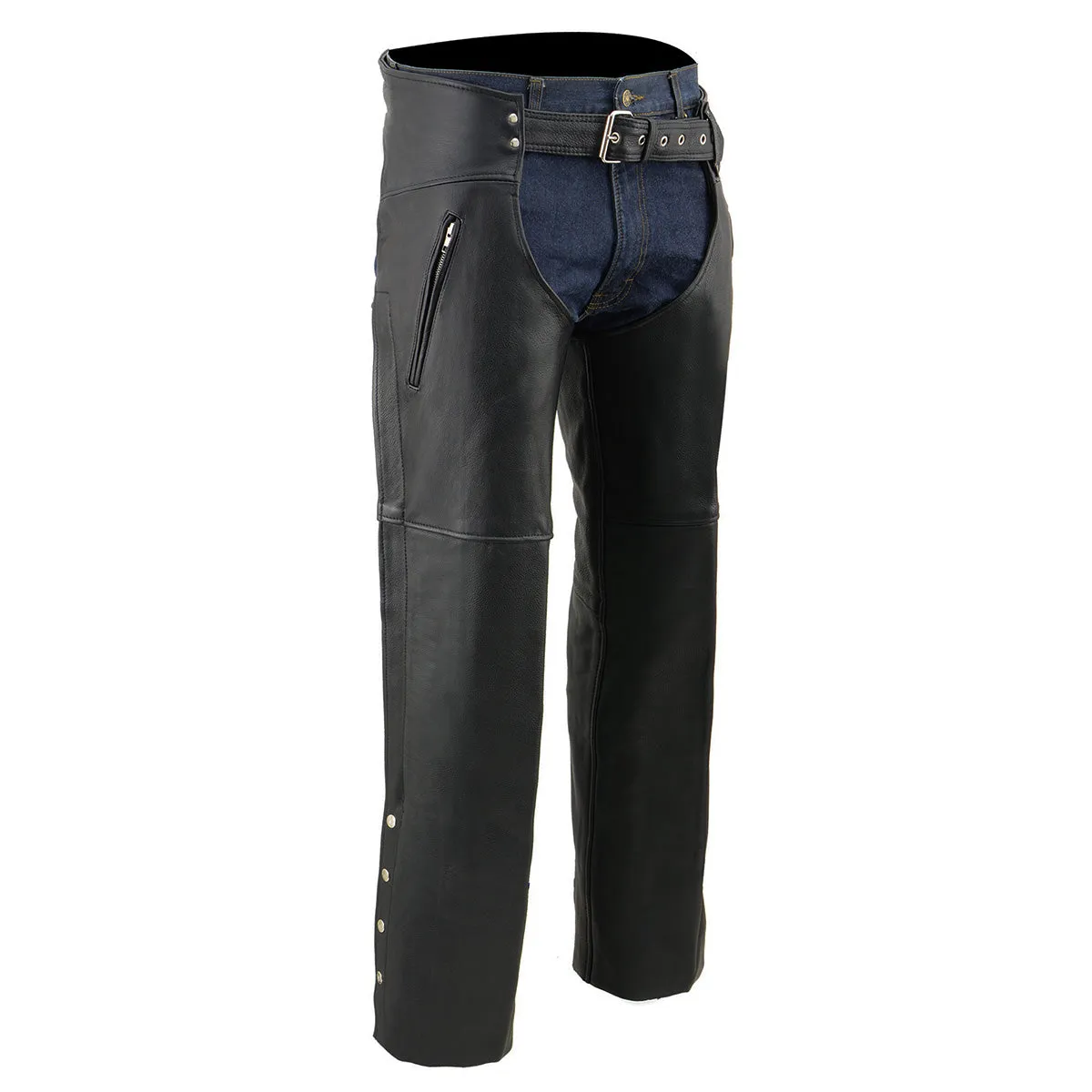 ML1190N  Chaps for Men's Black Naked Leather - Thigh Pocket with Zipper Mesh Lined Motorcycle Chap- ML1190