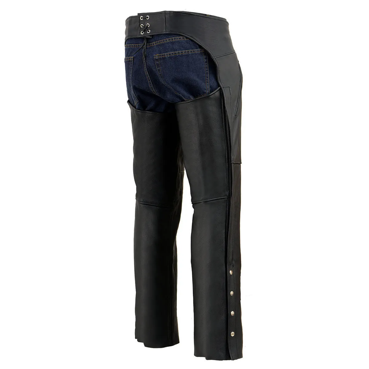 ML1190N  Chaps for Men's Black Naked Leather - Thigh Pocket with Zipper Mesh Lined Motorcycle Chap- ML1190