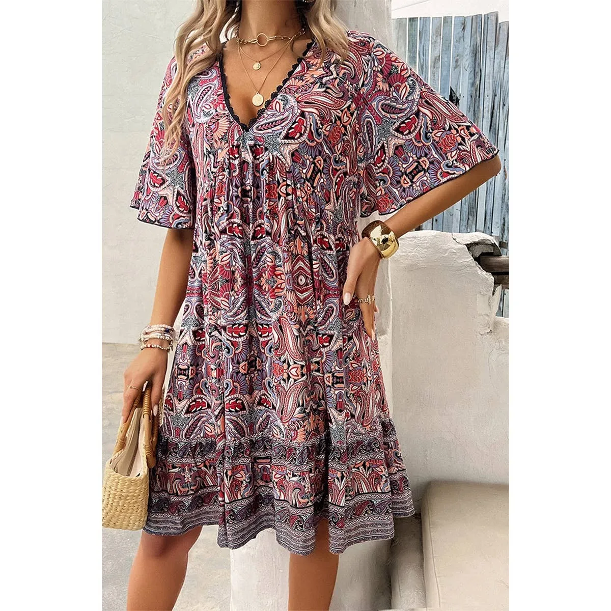 Navy Allover Print Lace Trim Loose A Line Dress