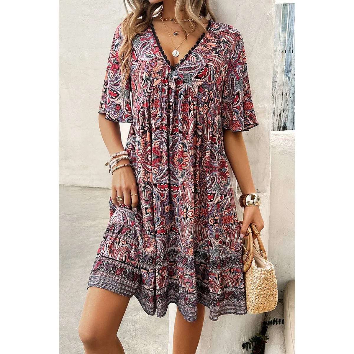 Navy Allover Print Lace Trim Loose A Line Dress