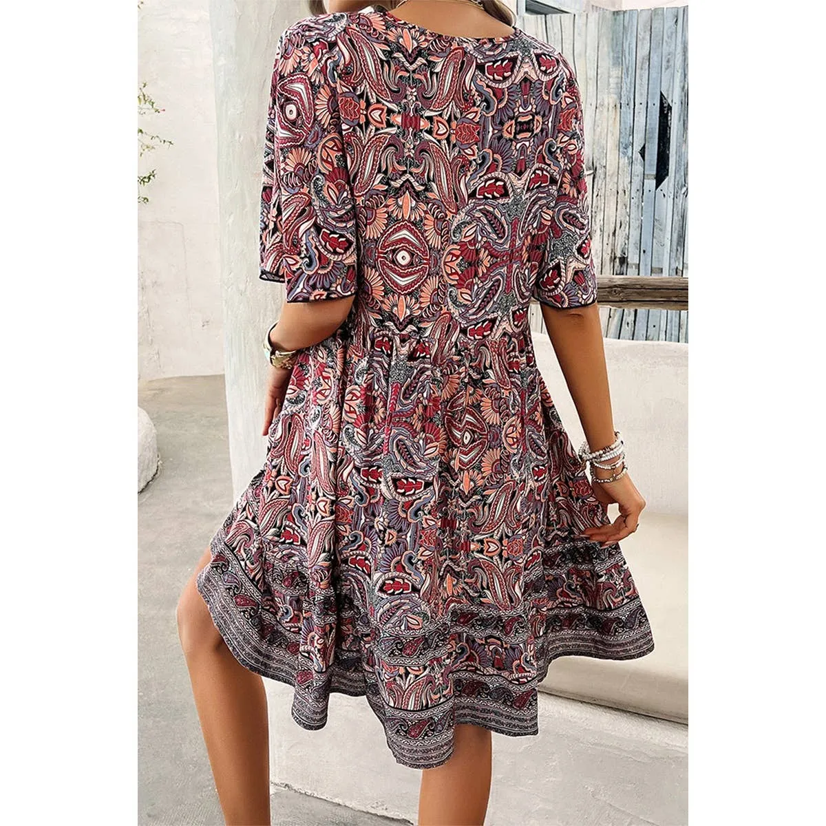 Navy Allover Print Lace Trim Loose A Line Dress
